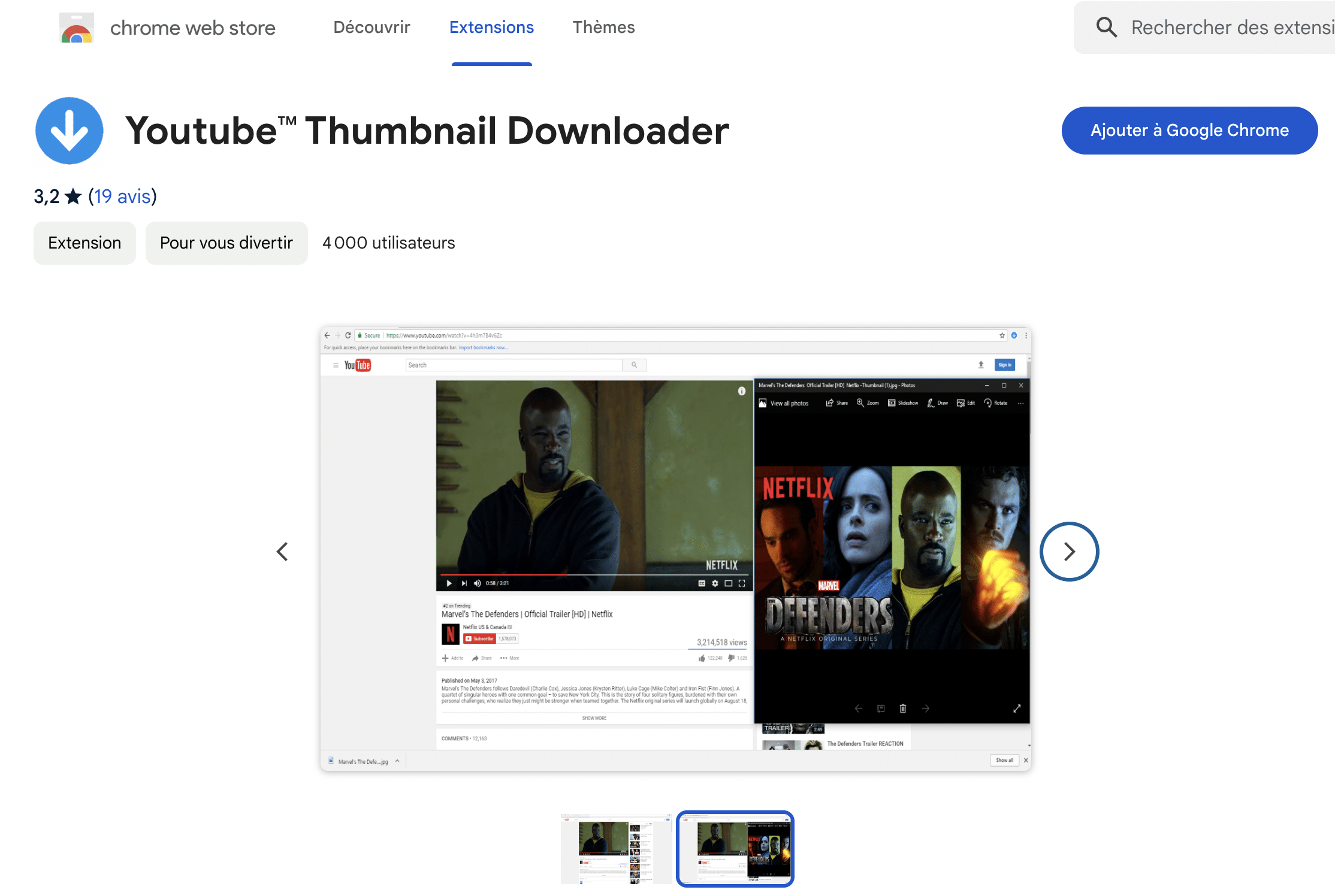 Extension Chrome Youtube Thumbnail Downloader pour télécharger une miniature Youtube