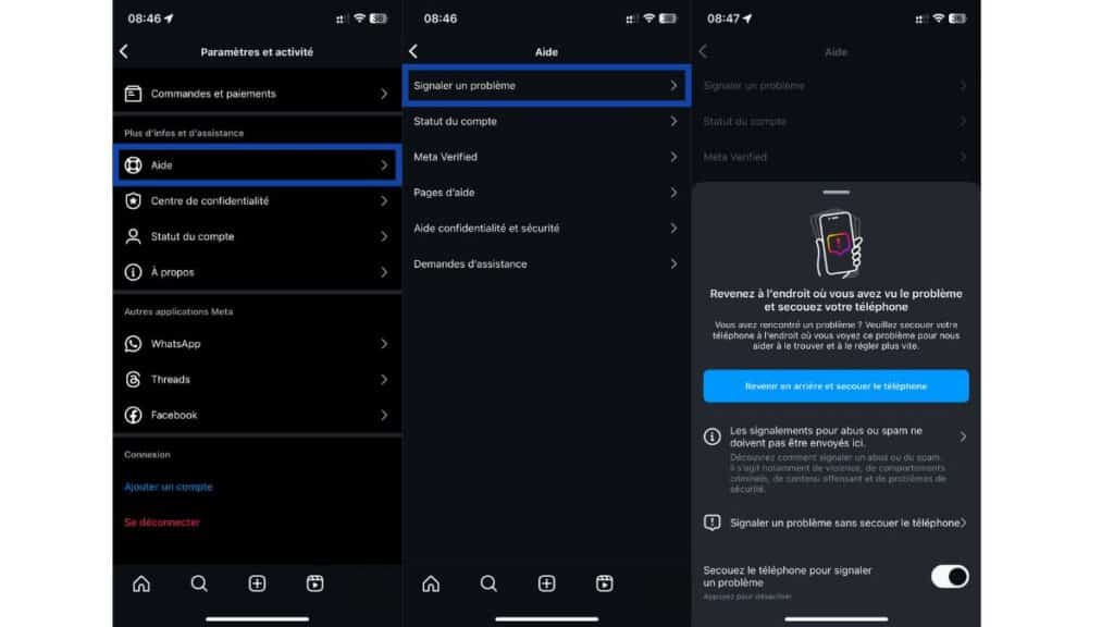 signaler un problème instagram sur l'application